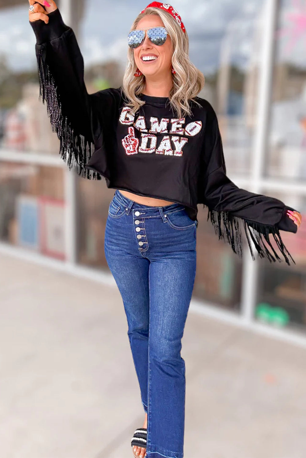 Black GAME DAY Rugby Sequined Tasseled Cropped Sweatshirt Sweatshirts & Hoodies JT's Designer Fashion