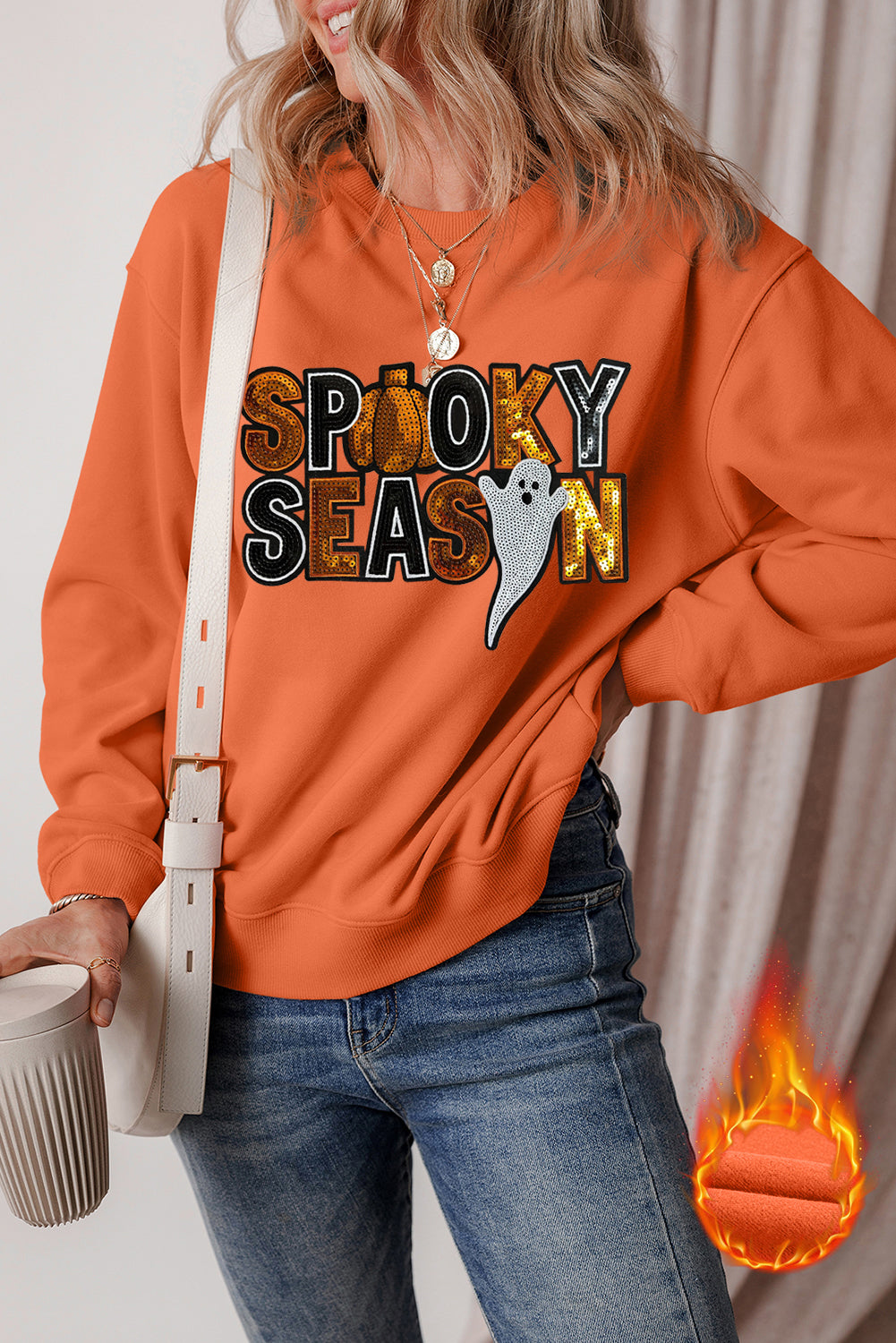 Russet Orange Sequin SPOOKY SEASON Ghost Pattern Halloween Pullover Sweatshirt Graphic Sweatshirts JT's Designer Fashion