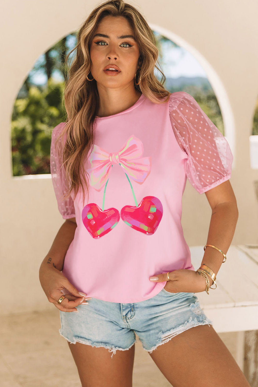 Pink Bow Heart Shape Cherry Print Dotted Mesh Sleeve T Shirt Graphic Tees JT's Designer Fashion