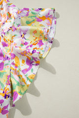 Purple Abstract Printed Ruffled Short Sleeve Notched Neck Blouse Blouses & Shirts JT's Designer Fashion