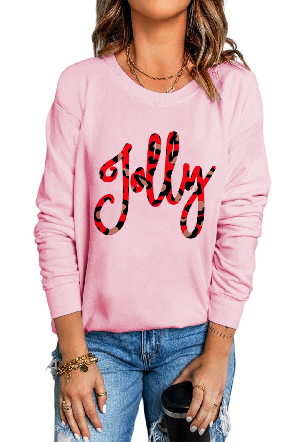 Pink Leopard Shading Jolly Letter Print Sweatshirt Graphic Sweatshirts JT's Designer Fashion