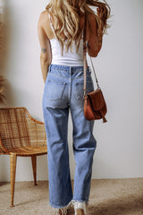 Ashleigh Blue Distressed Raw Hem Straight Leg High Waist Jeans Jeans JT's Designer Fashion