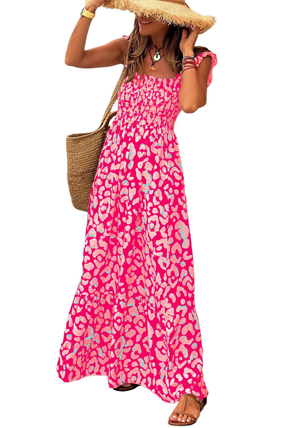 Pink Leopard Ruffle Straps Smocked High Waist Long Dress Dresses JT's Designer Fashion