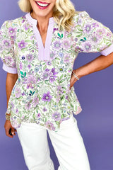 Purple Floral Striped Patchwork Puff Sleeve Peplum Blouse Pre Order Tops JT's Designer Fashion