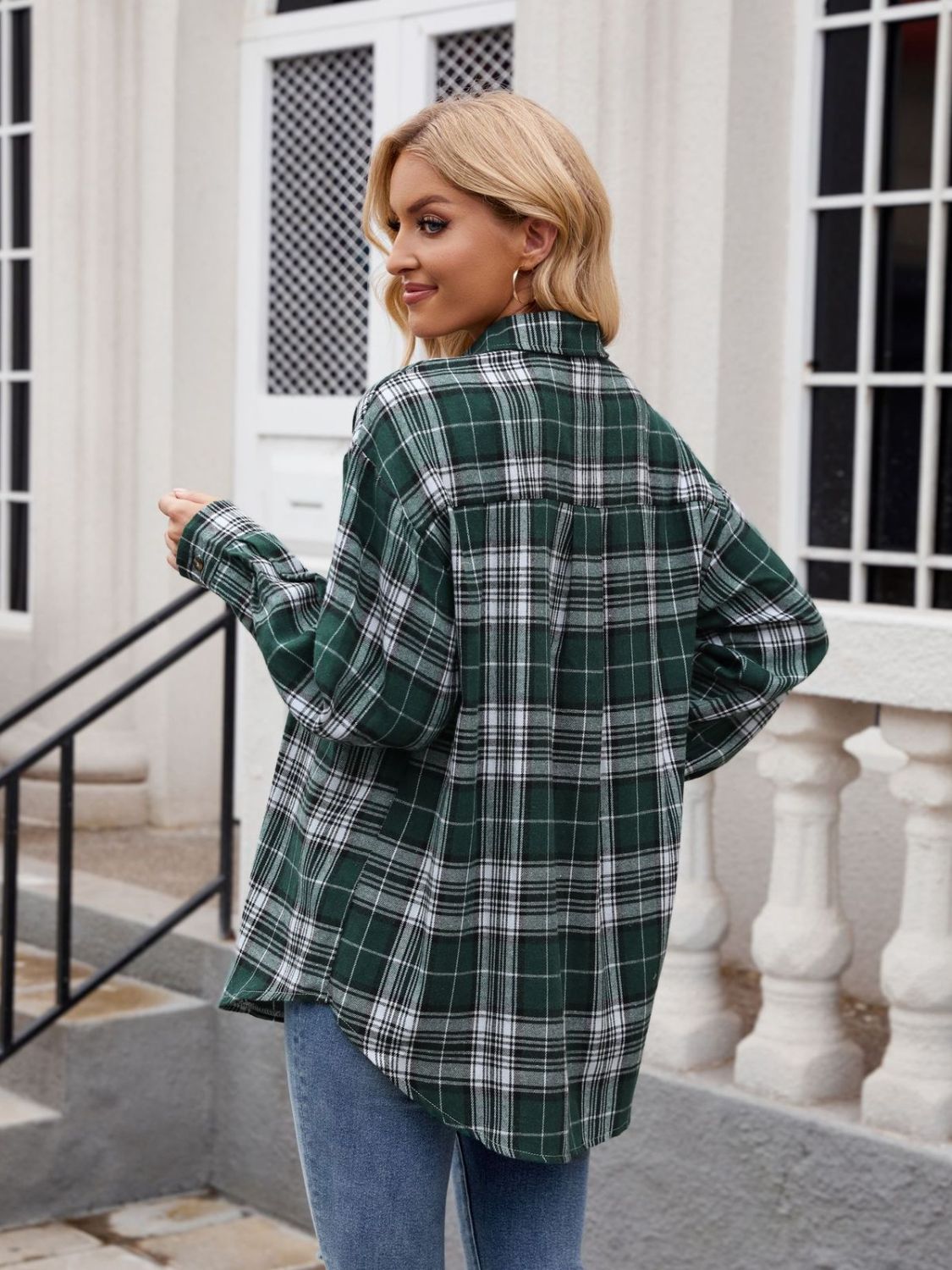 Pocketed Plaid Collared Neck Long Sleeve Shirt Long Sleeve Shirts JT's Designer Fashion