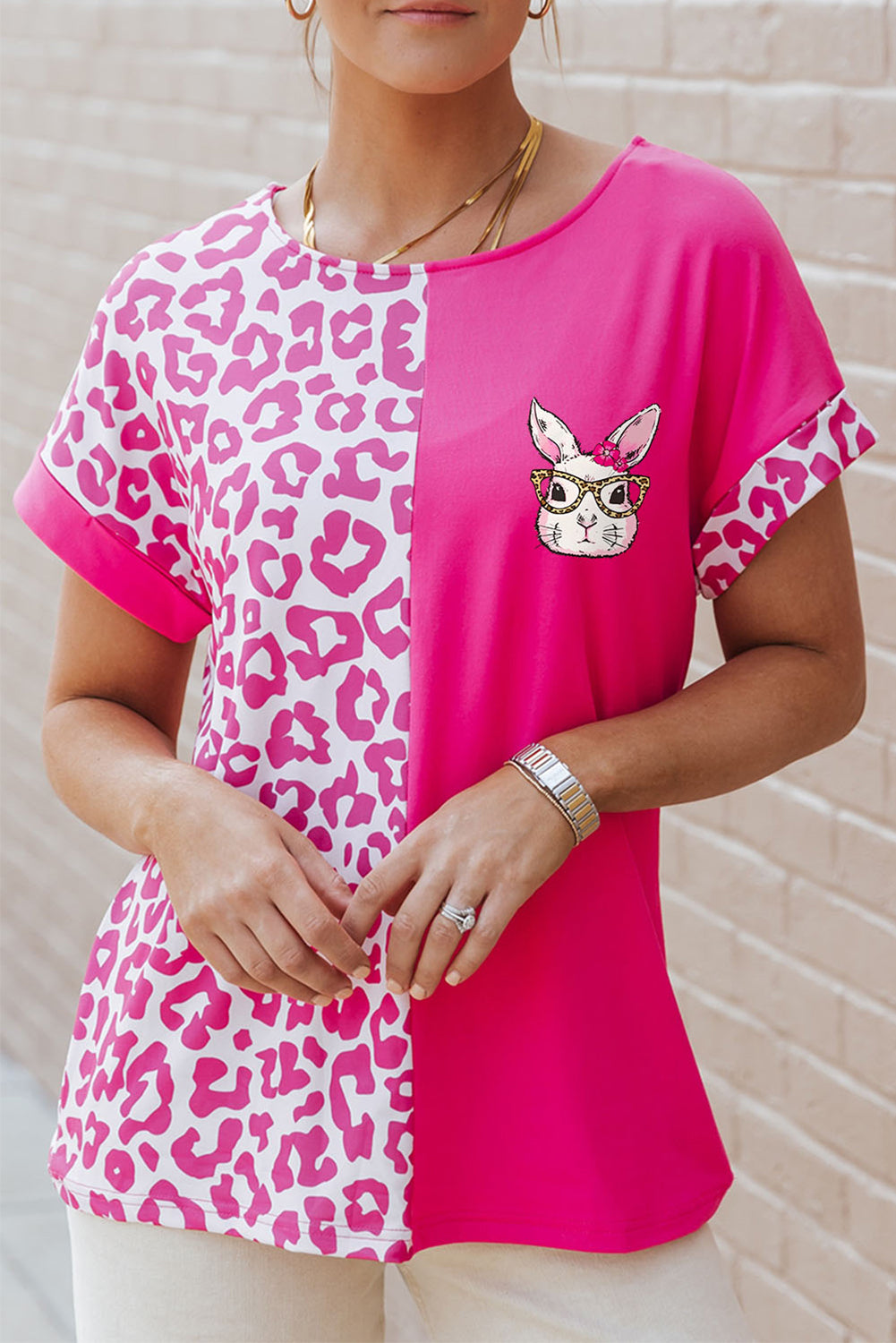 Rose Easter Rabbit Leopard Color Block Crewneck T Shirt Graphic Tees JT's Designer Fashion