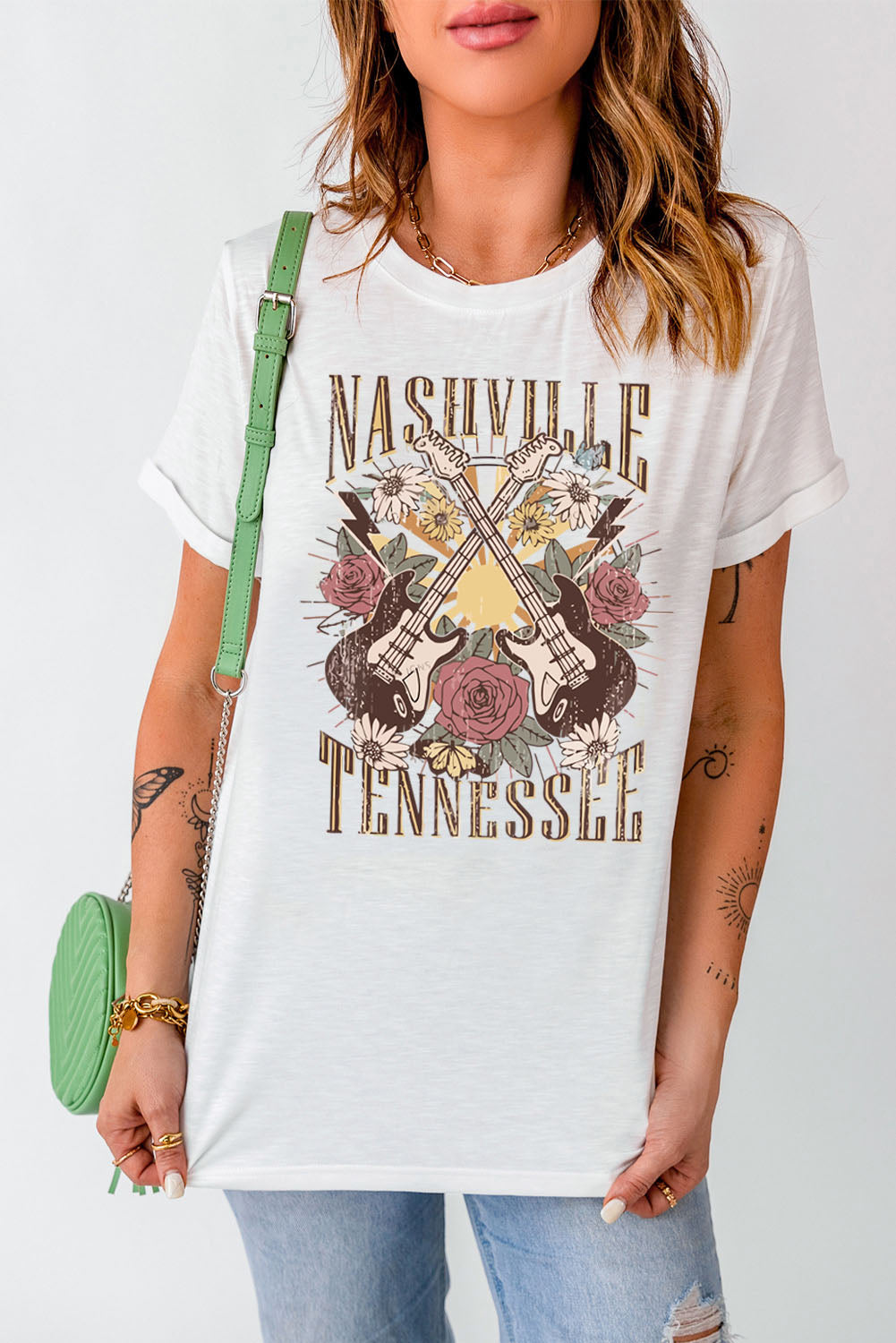 White Nashville Tennessee Guitar Rose Graphic Crewneck Tee Graphic Tees JT's Designer Fashion