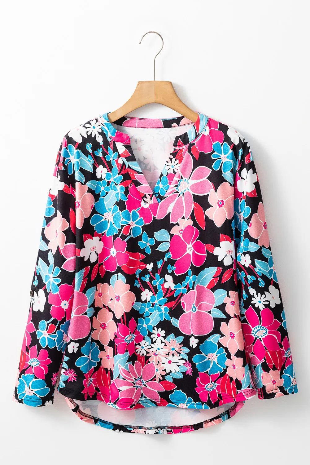 Floral Notched Long Sleeve Blouse Long Sleeve Tops JT's Designer Fashion