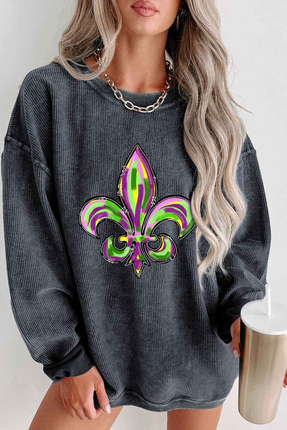 Gray Mardi Gras Symbol Heat Transfer Corded Pullover Sweatshirt Gray 100%Polyester Graphic Sweatshirts JT's Designer Fashion