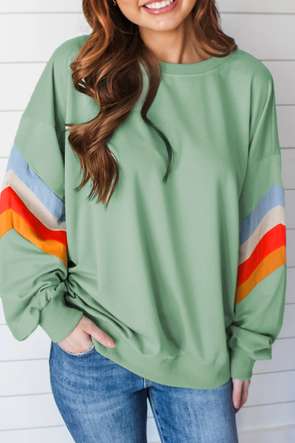 Moonlight Jade Rainbow Striped Sleeve Crew Neck Loose Sweatshirt Sweatshirts & Hoodies JT's Designer Fashion