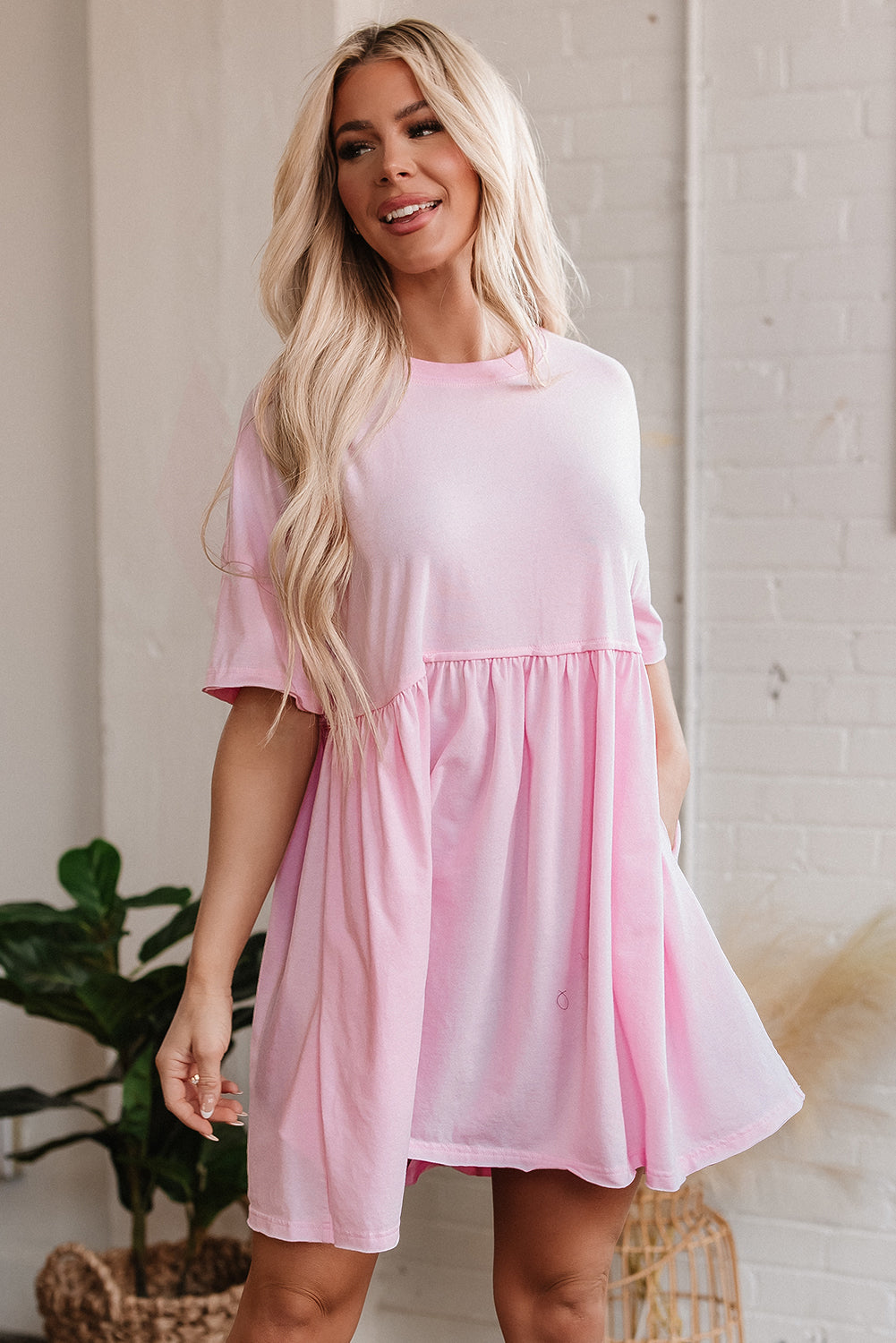 Light Pink Solid Color Pocketed Raw Edge Babydoll Dress Mini Dresses JT's Designer Fashion