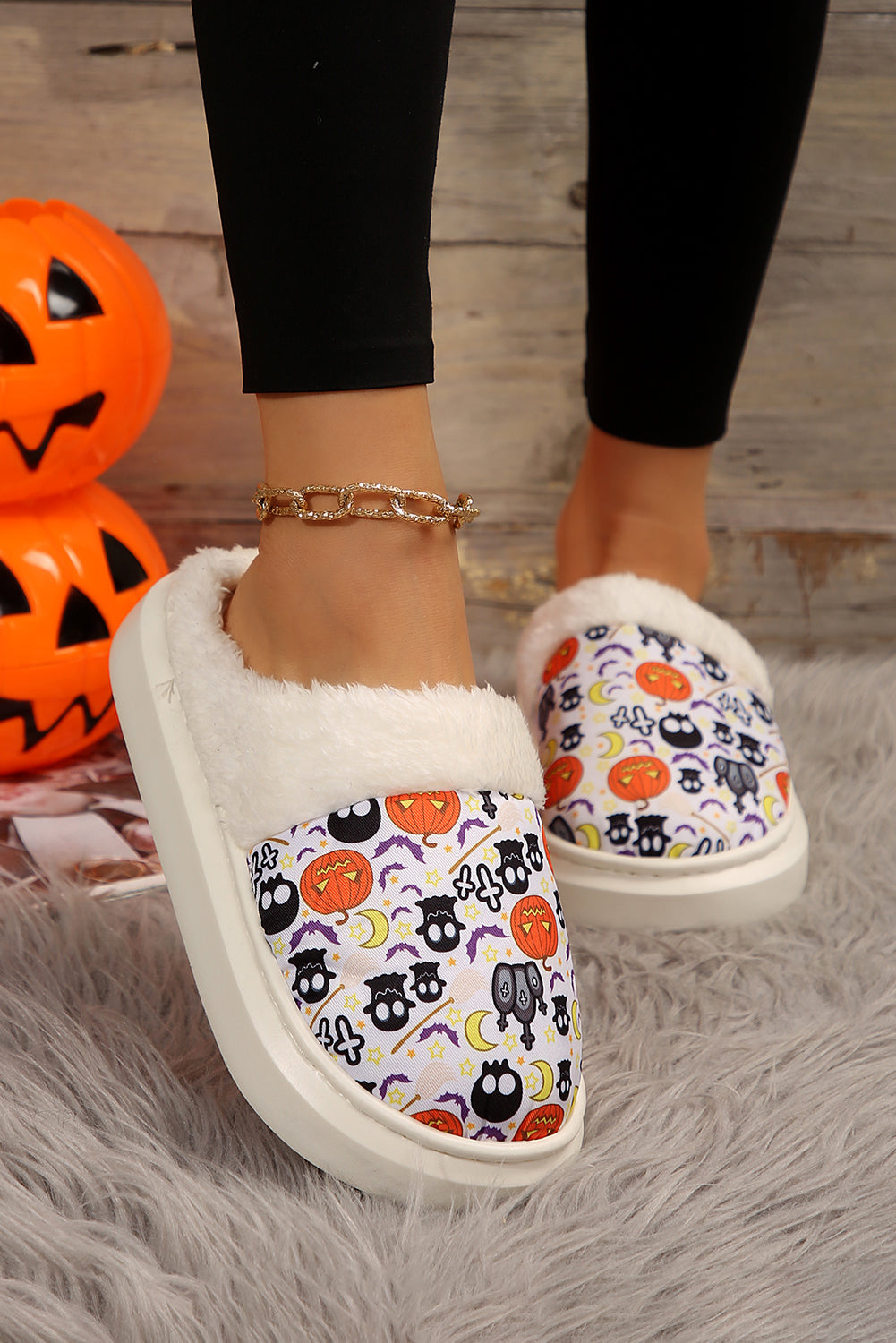 White Halloween Pumpkin Ghost Print Plush Home Slippers Slippers JT's Designer Fashion