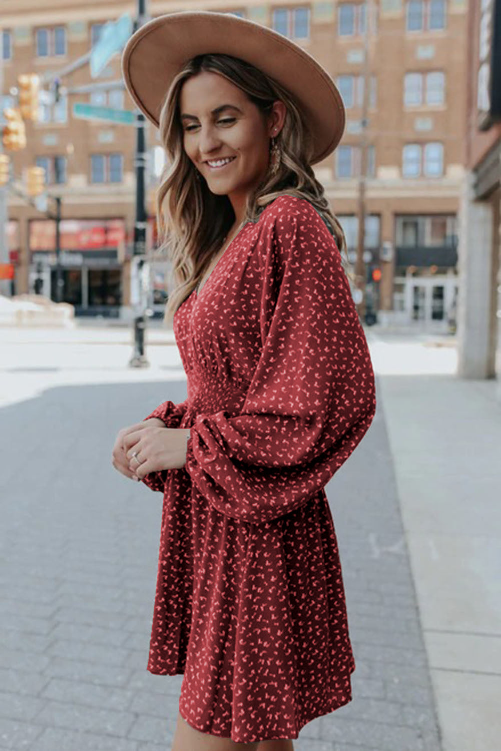 Fiery Red V Neck Balloon Sleeve Smocked Waist Printed Mini Dress Mini Dresses JT's Designer Fashion