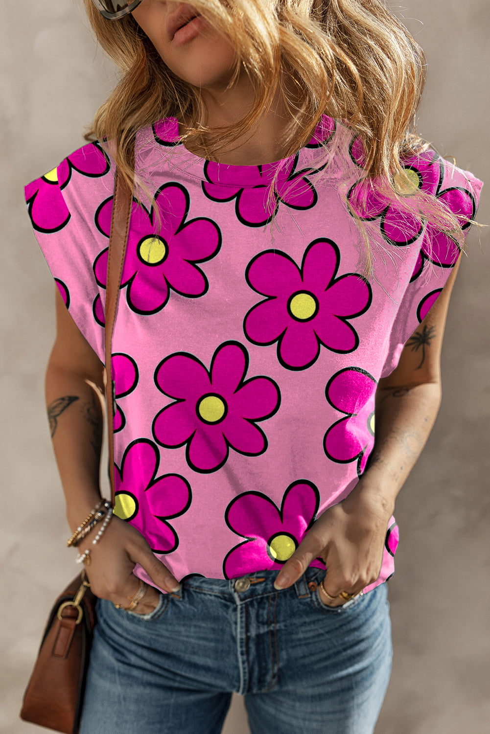 Pink Plant Print Round Neck Cap Sleeve T Shirt Tops & Tees JT's Designer Fashion