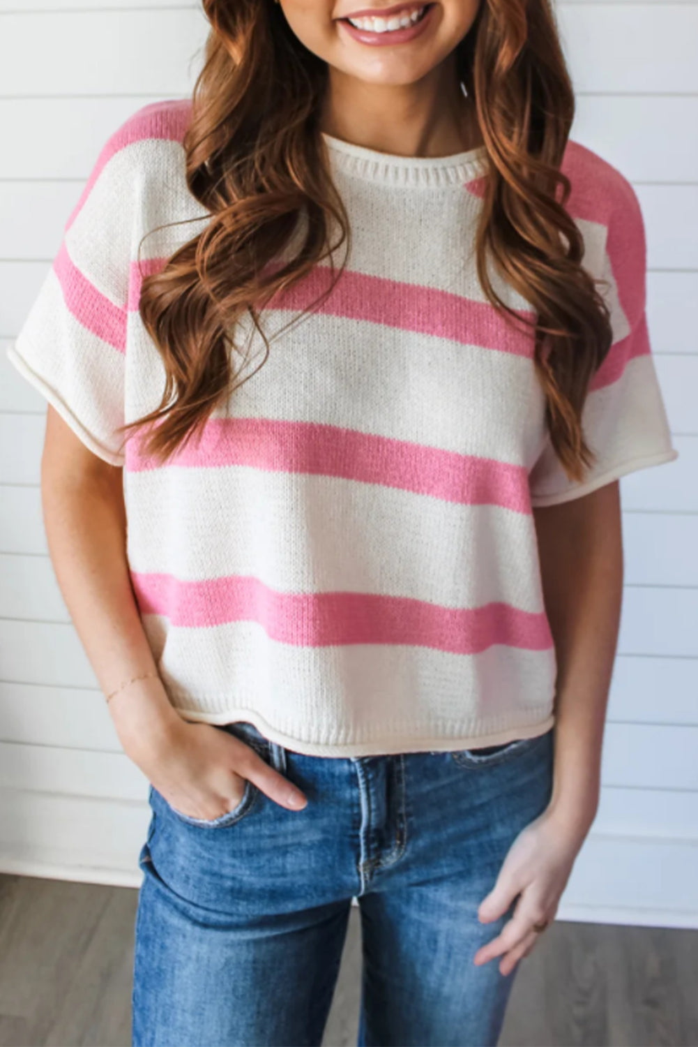 Pink Stripe Dropped Short Sleeve Lightweight Knitted Top Pre Order Sweaters & Cardigans JT's Designer Fashion