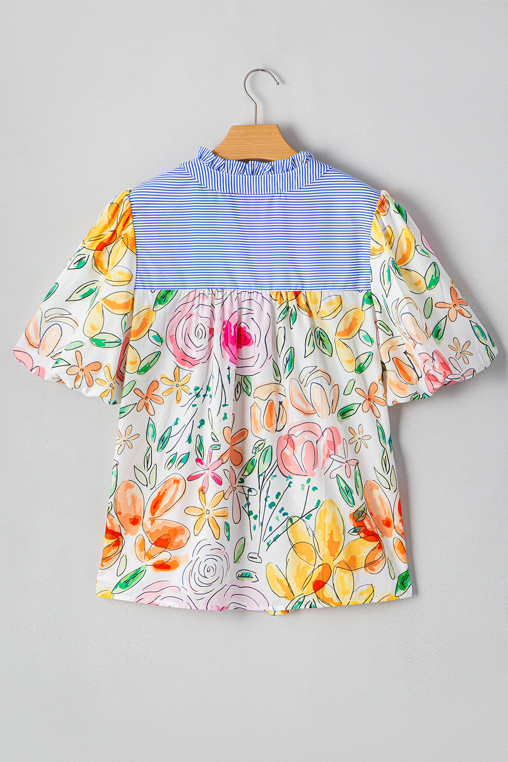 Multicolour Floral Print Striped Yoke Frilled V Neck Puff Short Sleeve Blouse Blouses & Shirts JT's Designer Fashion