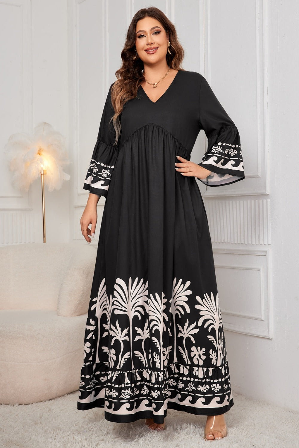 Plus Size Printed V-Neck Long Sleeve Maxi Dress Black Maxi Dresses JT's Designer Fashion