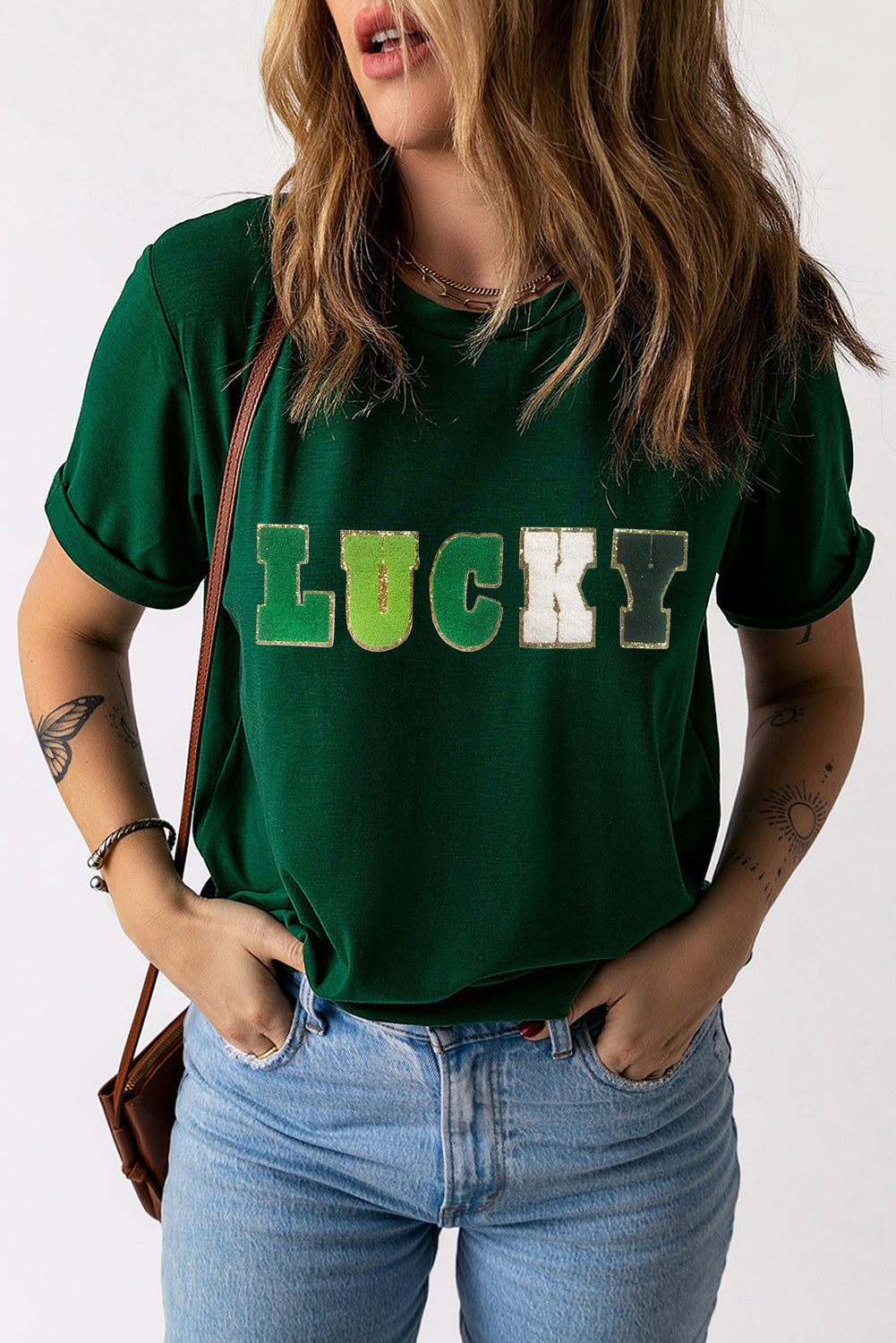 Green LUCKY Glitter Chenille Patched Crew Neck T Shirt Graphic Tees JT's Designer Fashion