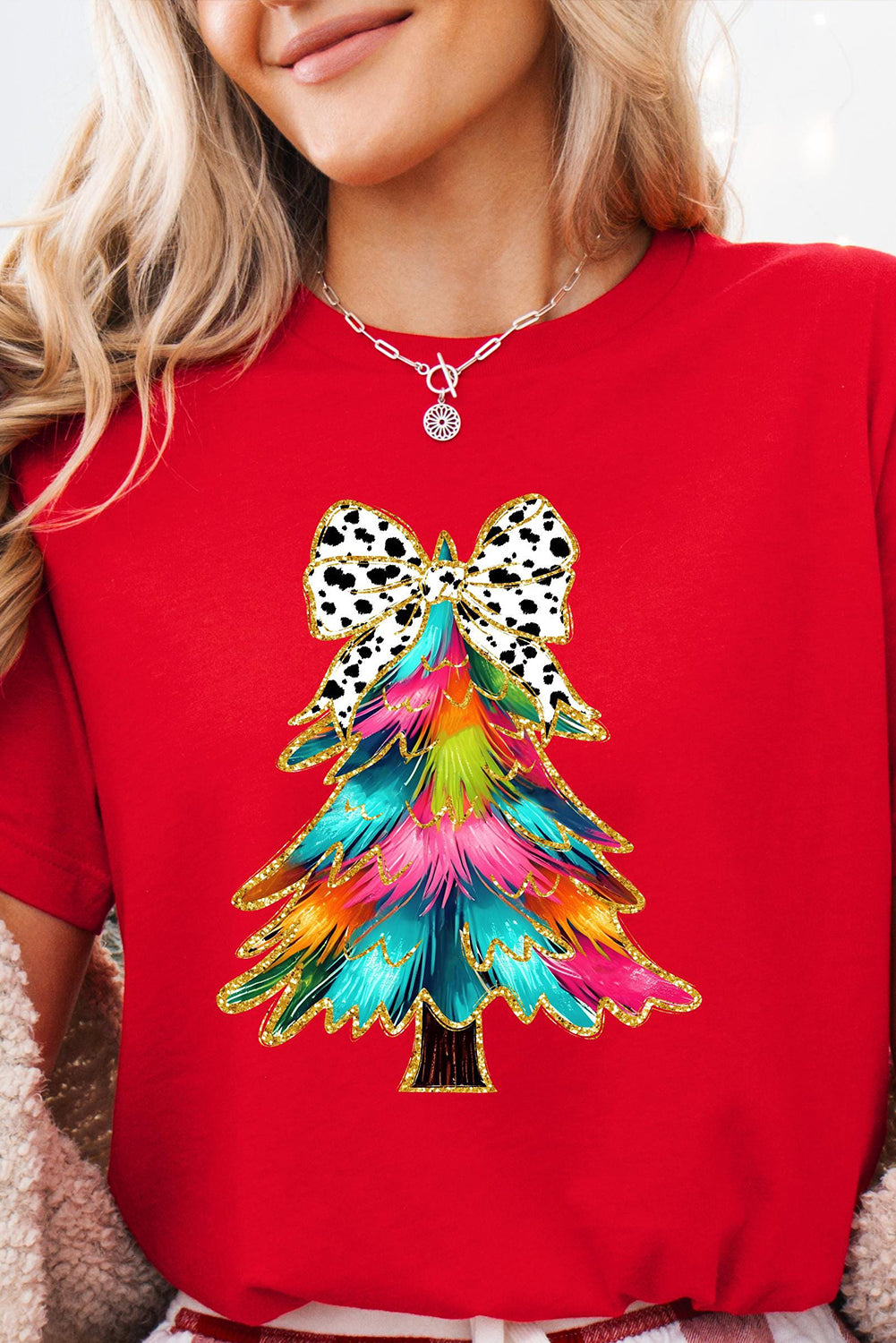 Red Bow Decor Christmas Tree Graphic Holiday T Shirt Graphic Tees JT's Designer Fashion