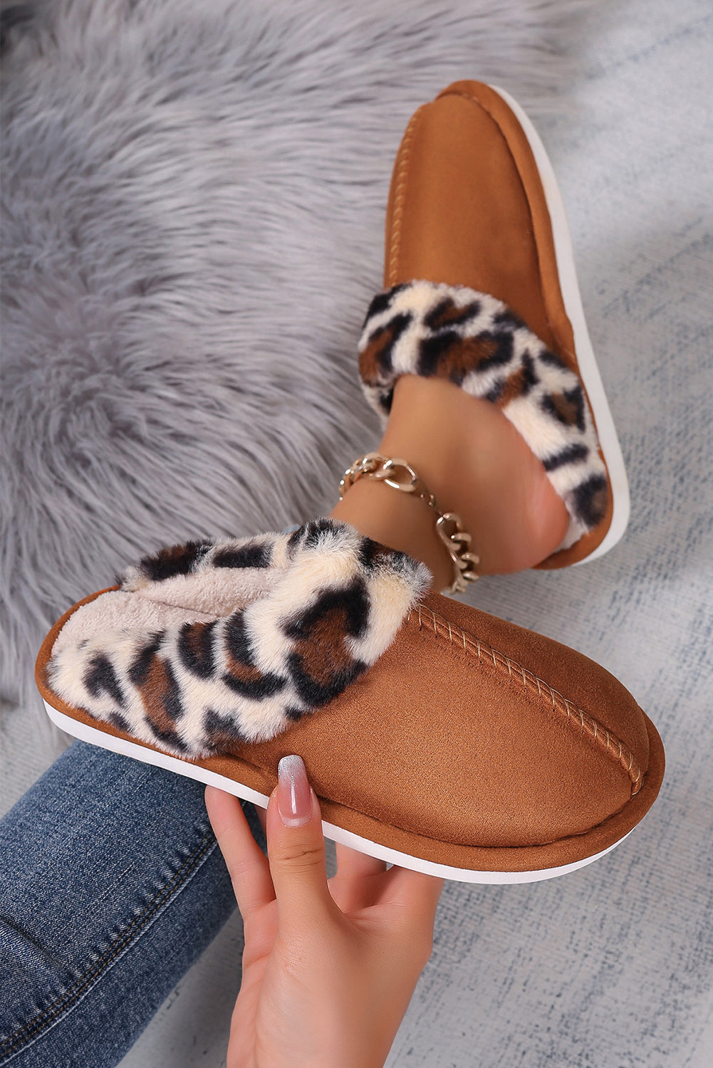 Chestnut Leopard Patched Plush Lined Thick Home Slippers Slippers JT's Designer Fashion