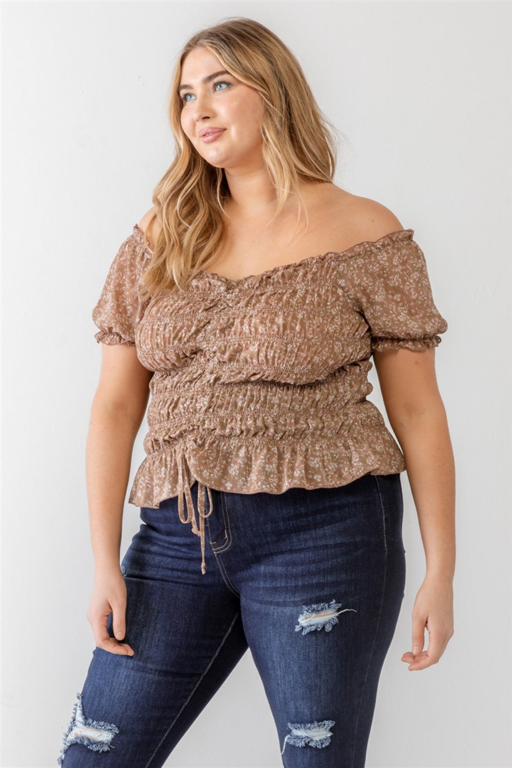 Zenobia Plus Size Frill Ruched Off-Shoulder Short Sleeve Blouse Blouses & Shirts JT's Designer Fashion