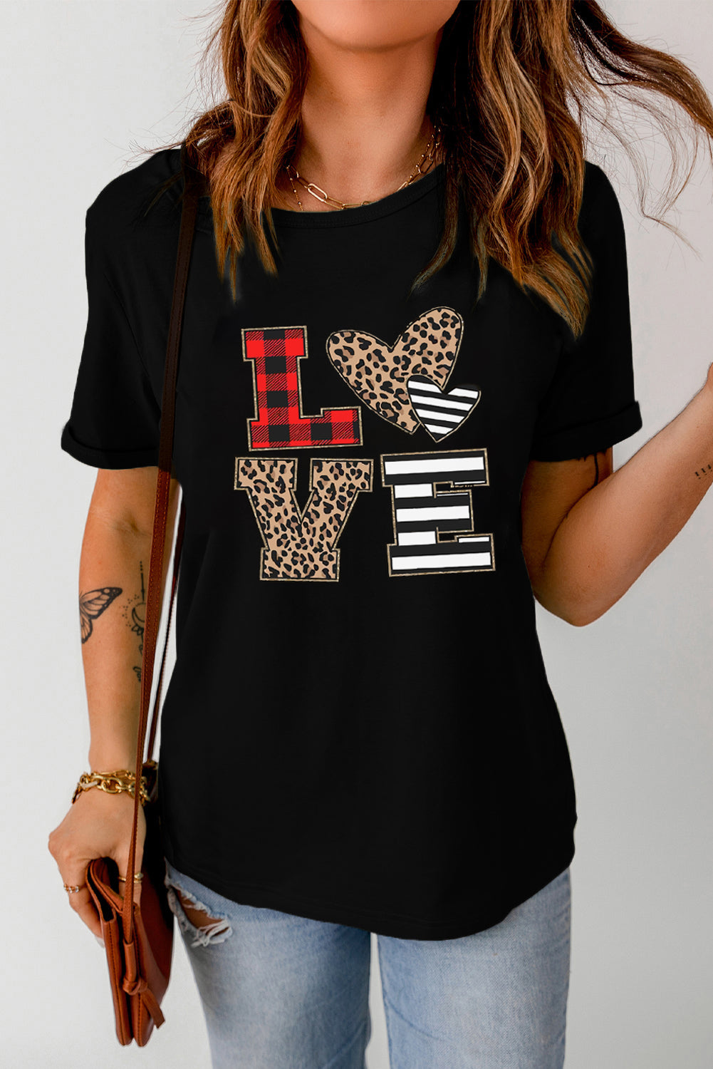 Black LOVE Heart Plaid Striped Leopard Print Graphic T Shirt Graphic Tees JT's Designer Fashion