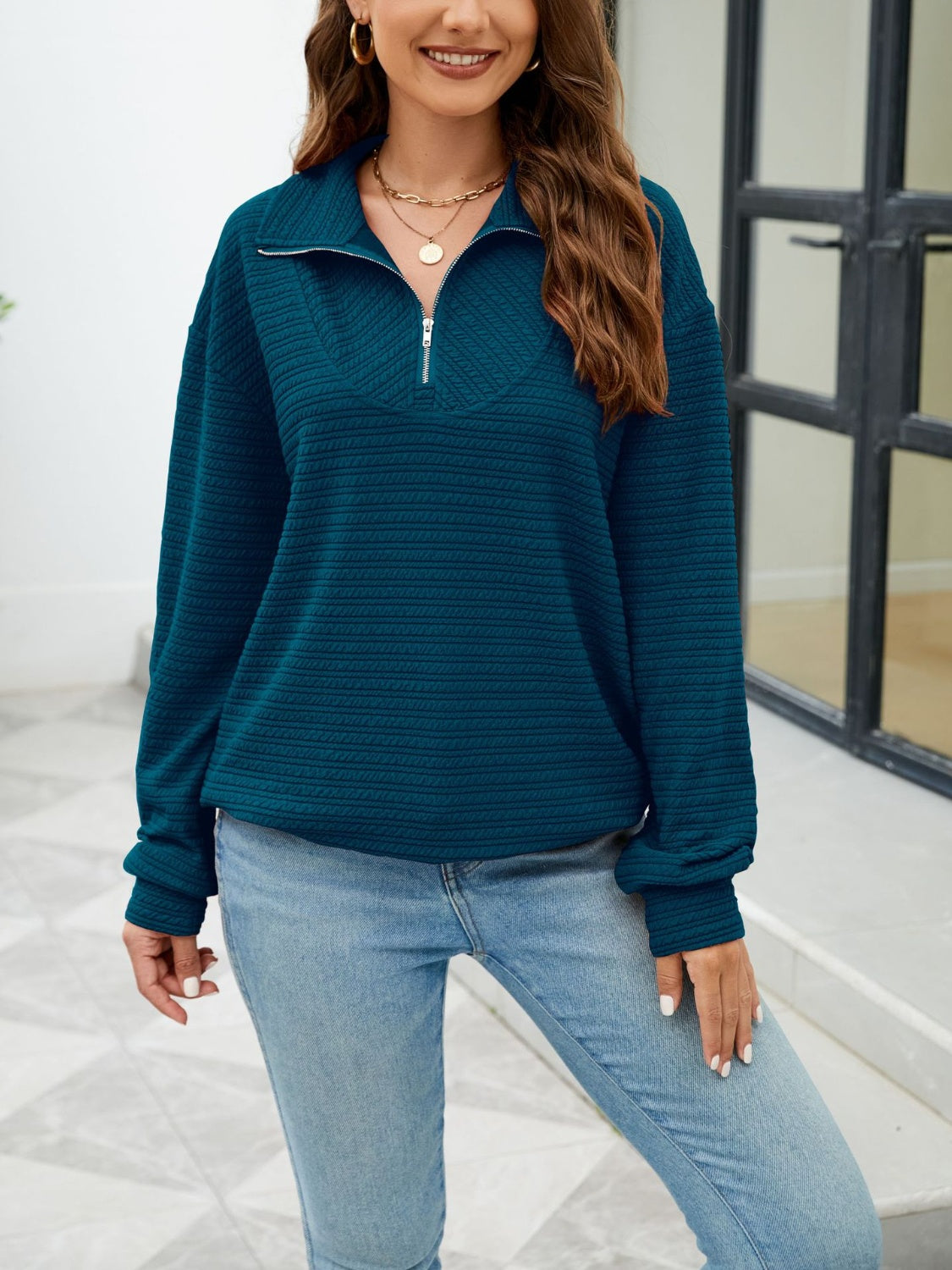 Textured Quarter Zip Long Sleeve Sweatshirt Deep Teal Long Sleeve Tops JT's Designer Fashion