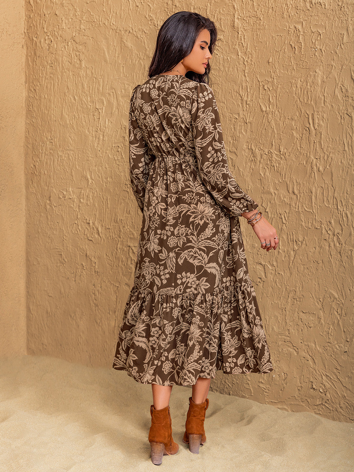 Ruched Printed V-Neck Long Sleeve Midi Dress Maxi Dresses JT's Designer Fashion