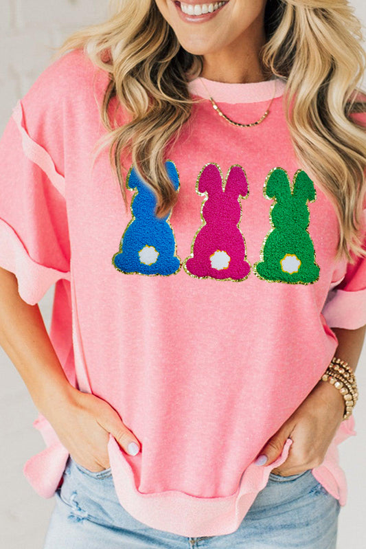 Peach Blossom Contrast Patchwork Detail Chenille Bunny Patched Easter Graphic Tee Graphic Tees JT's Designer Fashion