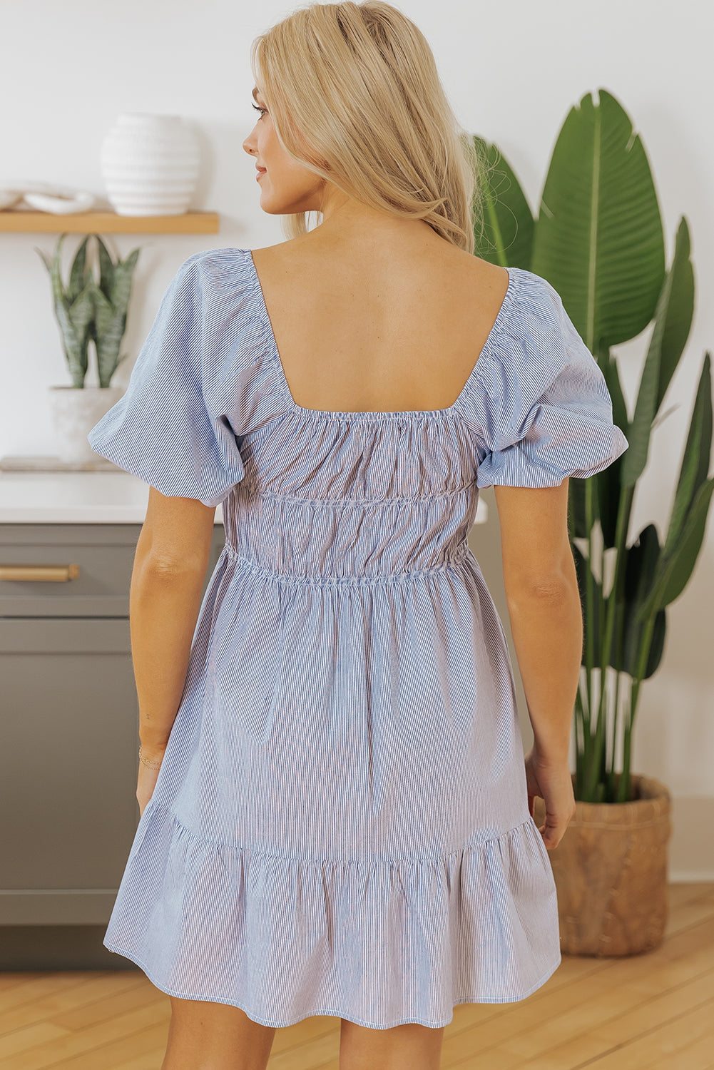 Sky Blue Stripe Bubble Sleeve Square Neck Ruched Pocketed Babydoll Dress Mini Dresses JT's Designer Fashion