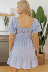 Sky Blue Stripe Bubble Sleeve Square Neck Ruched Pocketed Babydoll Dress Mini Dresses JT's Designer Fashion