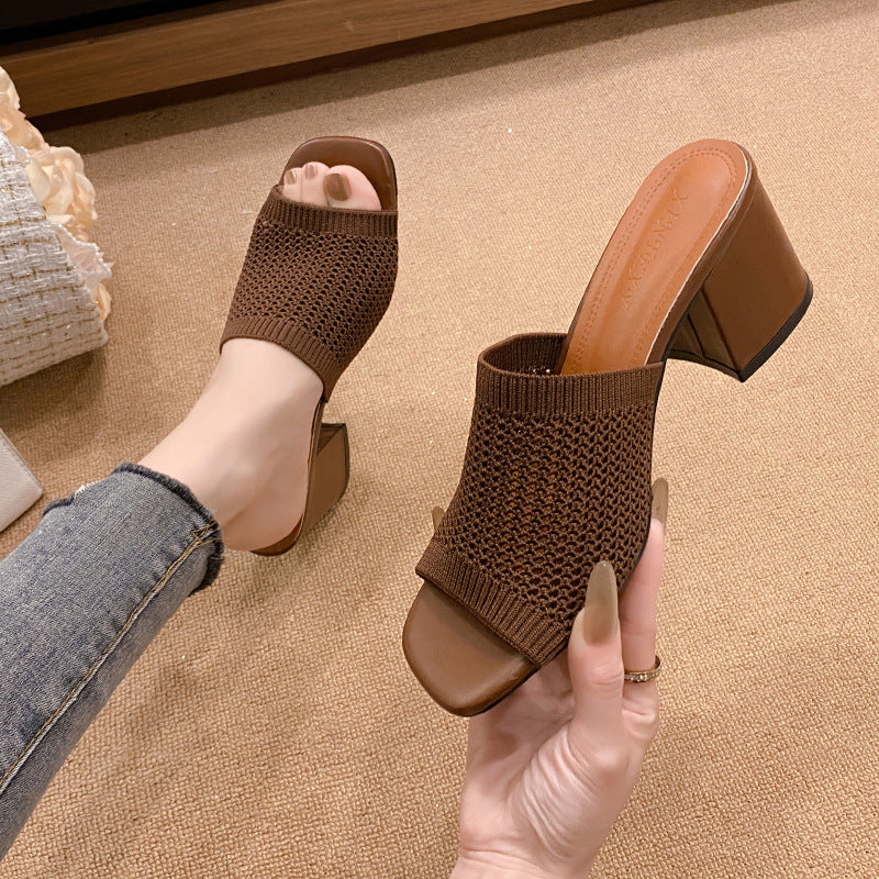 Block Heel Knit Sandals Brown Sandals JT's Designer Fashion