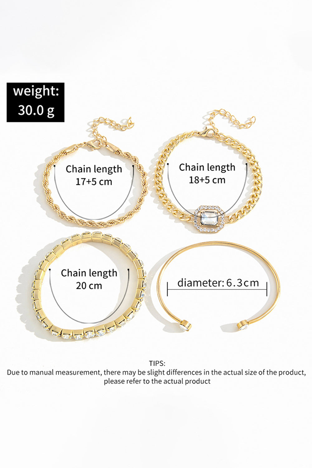 Gold 4pcs Diamond Chained Braided Bangle Bracelet Set Jewelry JT's Designer Fashion