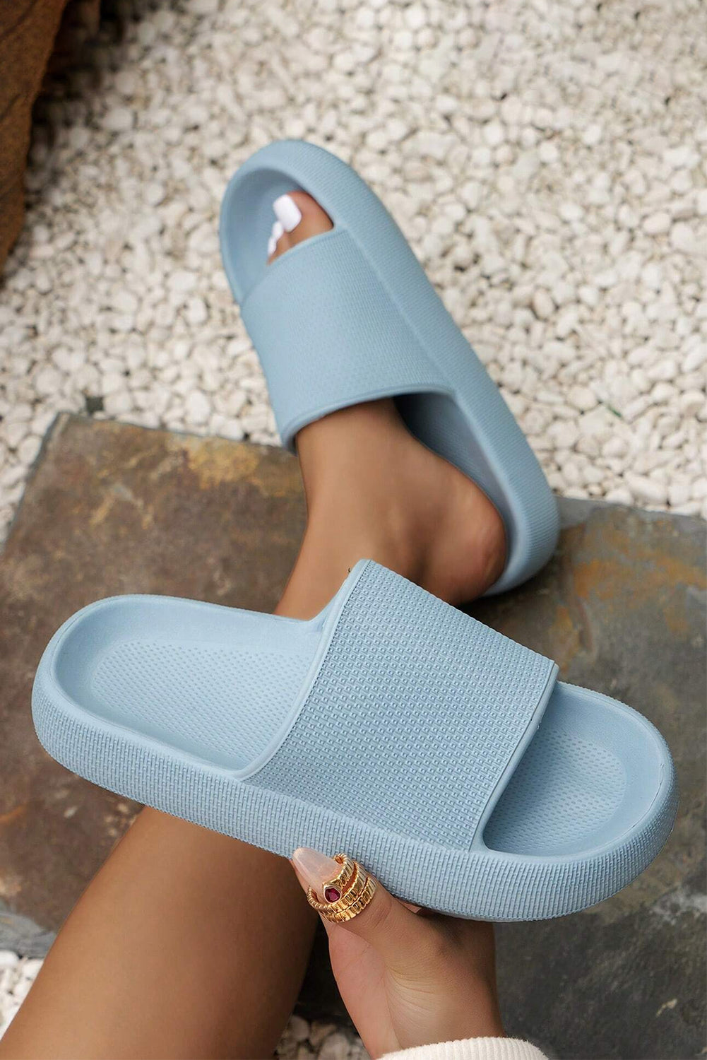 Mist Blue Solid Non-slip Wide Band Thick Sole Slippers Slippers JT's Designer Fashion