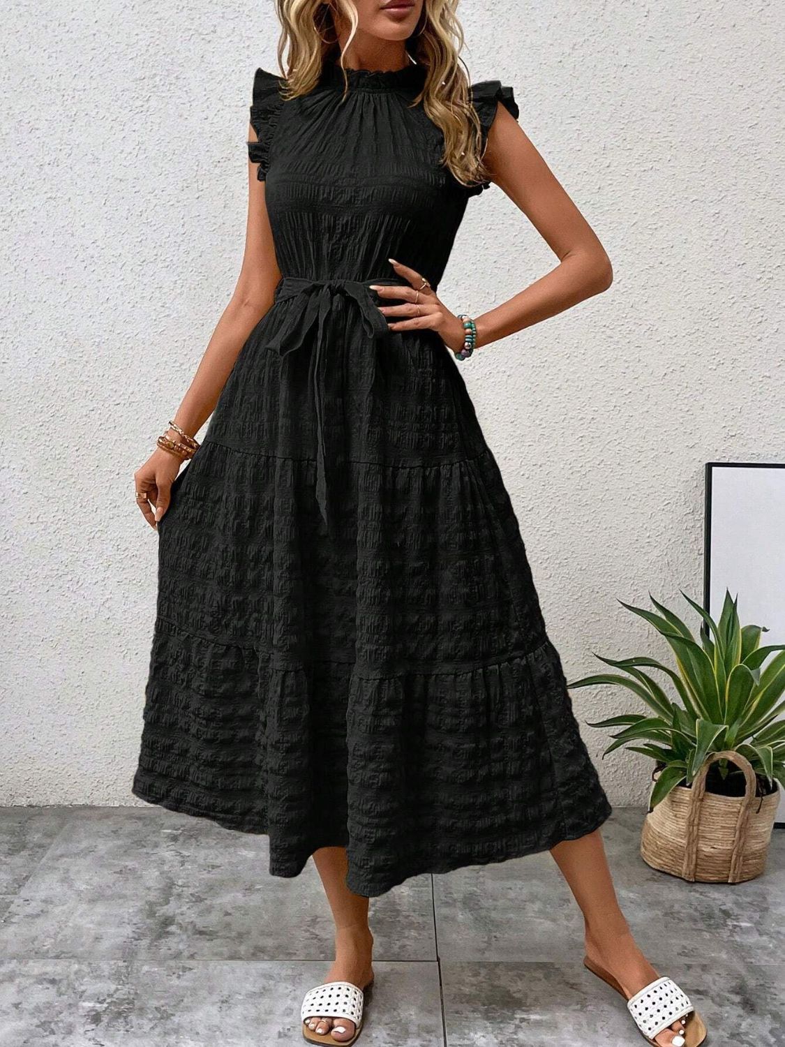 Tied Ruffled Cap Sleeve Midi Dress Black Midi Dresses JT's Designer Fashion