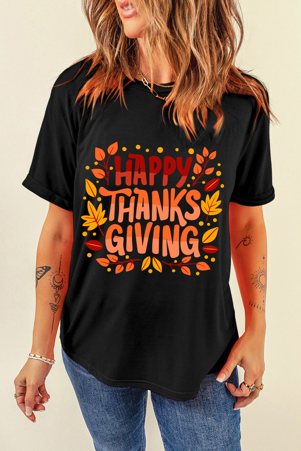 Black Happy Thanksgiving Leaves Print Crew Neck T Shirt Graphic Tees JT's Designer Fashion