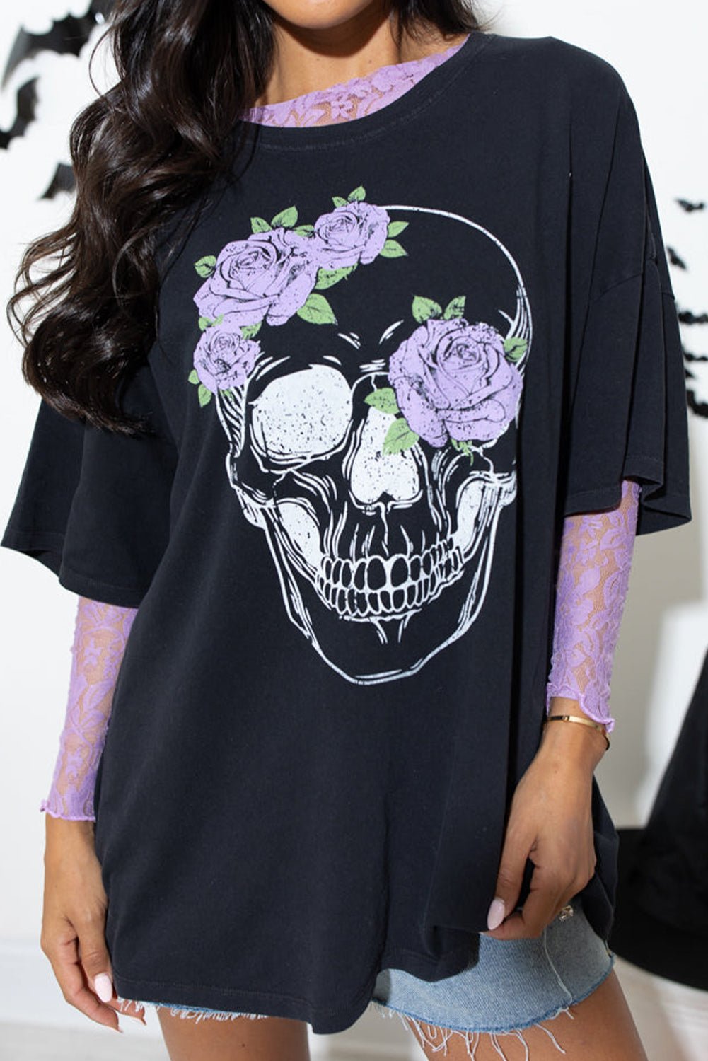 Black Floral Skull Graphic Halloween Tunic T Shirt Graphic Tees JT's Designer Fashion