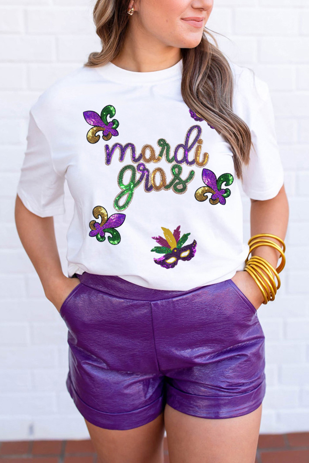 White Sequin Mardi Gras Pattern Graphic Crew Neck Tee Graphic Tees JT's Designer Fashion