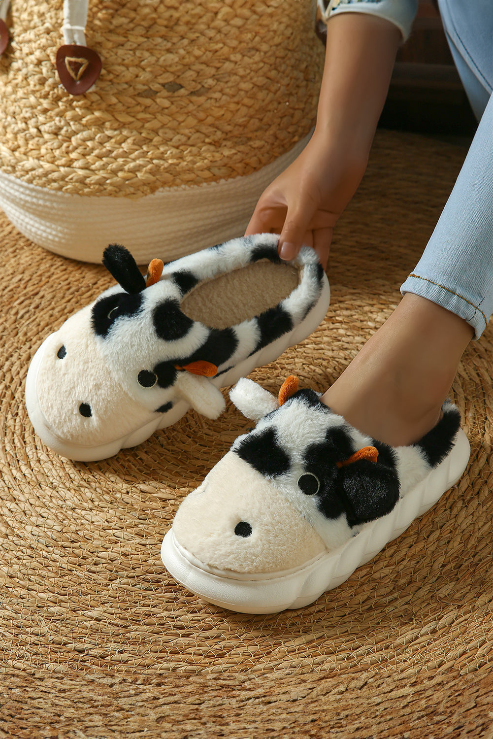 White Cute Cow Thick Sole Plush Thermal Home Slippers Slippers JT's Designer Fashion