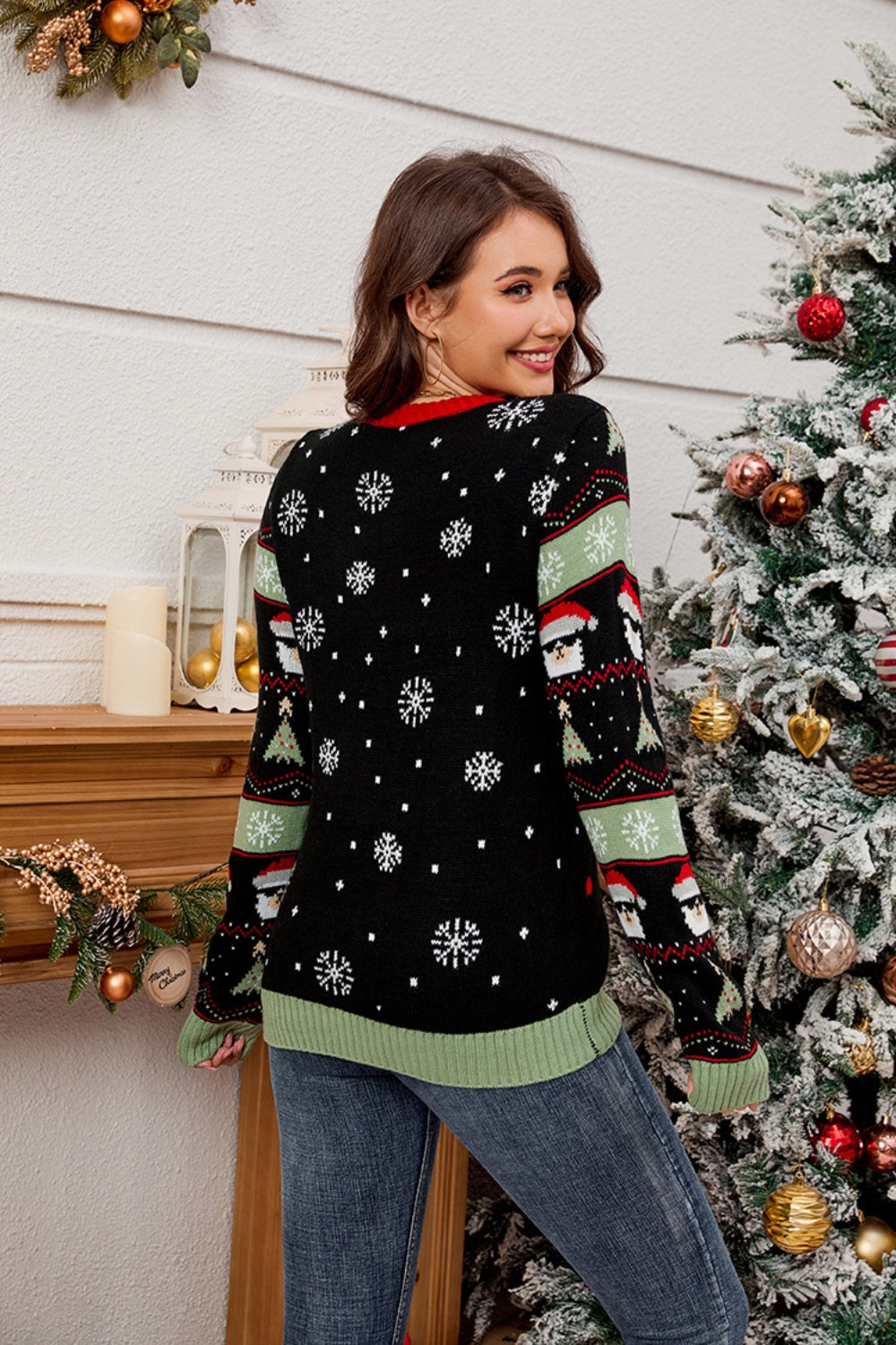 Contrast Christmas Pattern Round Neck Sweater Long Sleeve Tops JT's Designer Fashion