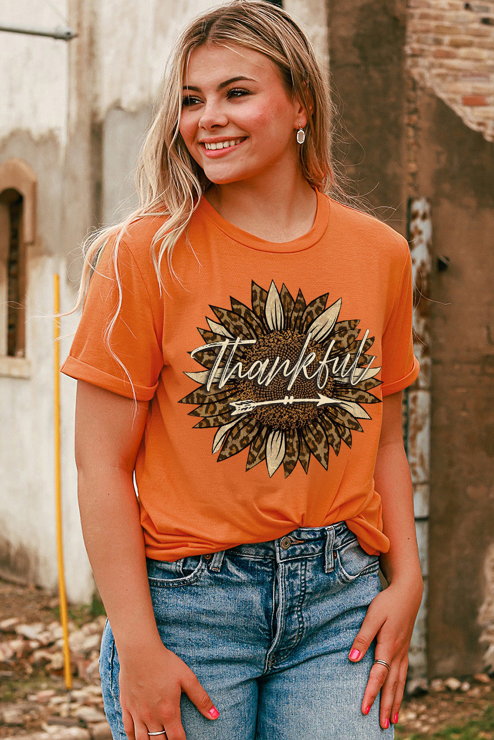 Orange Thankful Sunflower Graphic T Shirt Graphic Tees JT's Designer Fashion