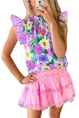 Purple Floral Mock Neck Striped Flutter Sleeve Blouse Pre Order Tops JT's Designer Fashion
