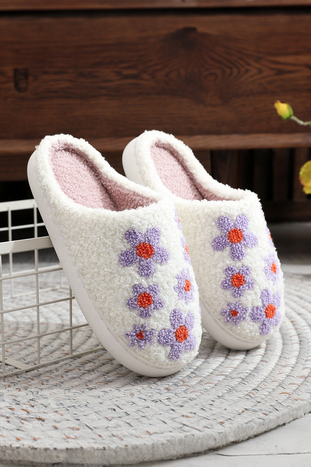 Tillandsia Purple Cute Floral Printed Plush Home Slippers Slippers JT's Designer Fashion