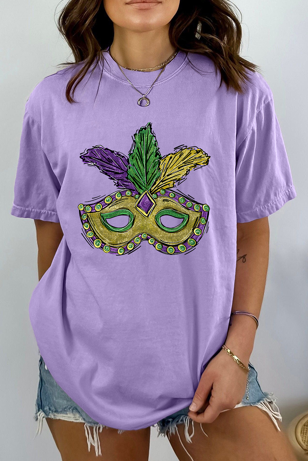 Wisteria Mardi Gras Mask Graphic Crew Neck Festival T Shirt Graphic Tees JT's Designer Fashion