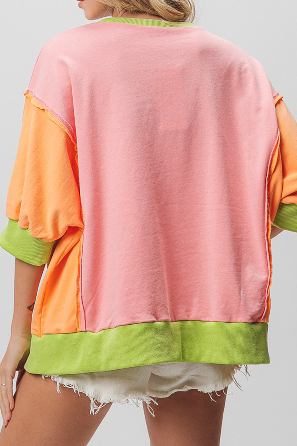 Pink Color Block Exposed Seam Side Slits Quarter Sleeve Top Tops & Tees JT's Designer Fashion