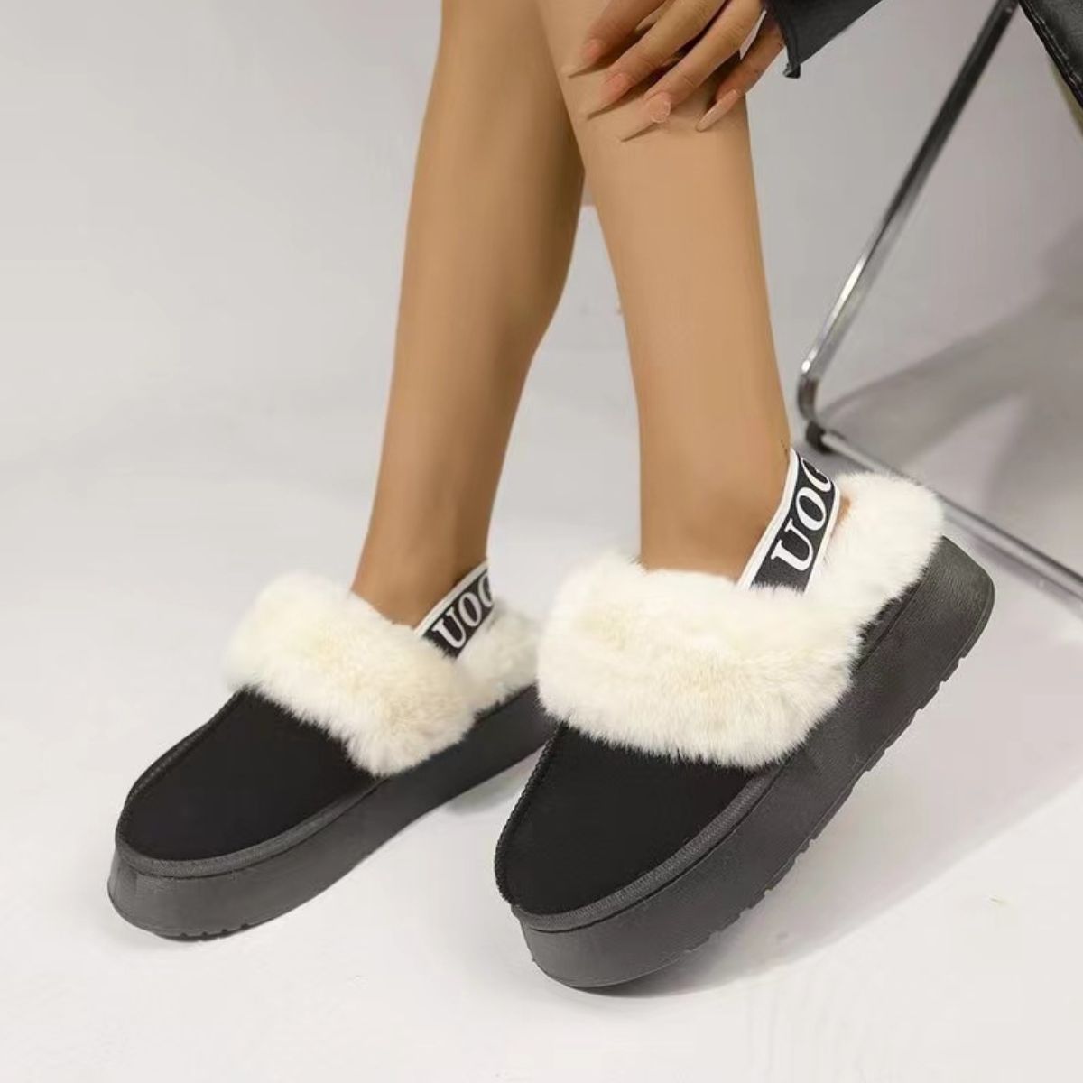 Plush Platform Slippers with Letter Strap Black Shoes JT's Designer Fashion