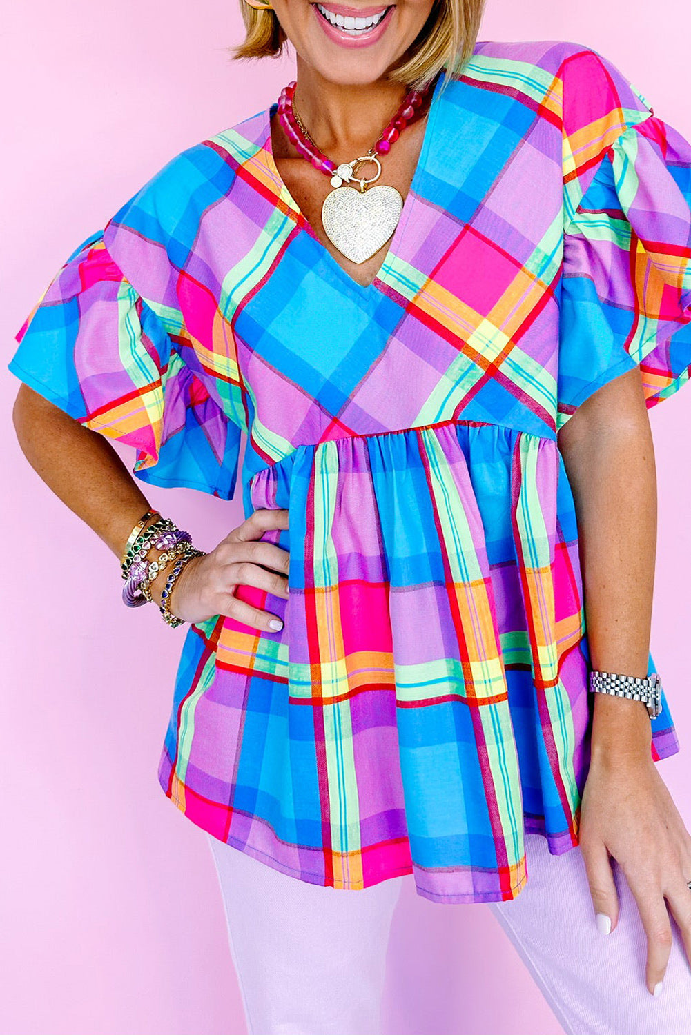 Sky Blue Colorful Plaid V Neck Ruffled Short Sleeve Babydoll Top Tops & Tees JT's Designer Fashion