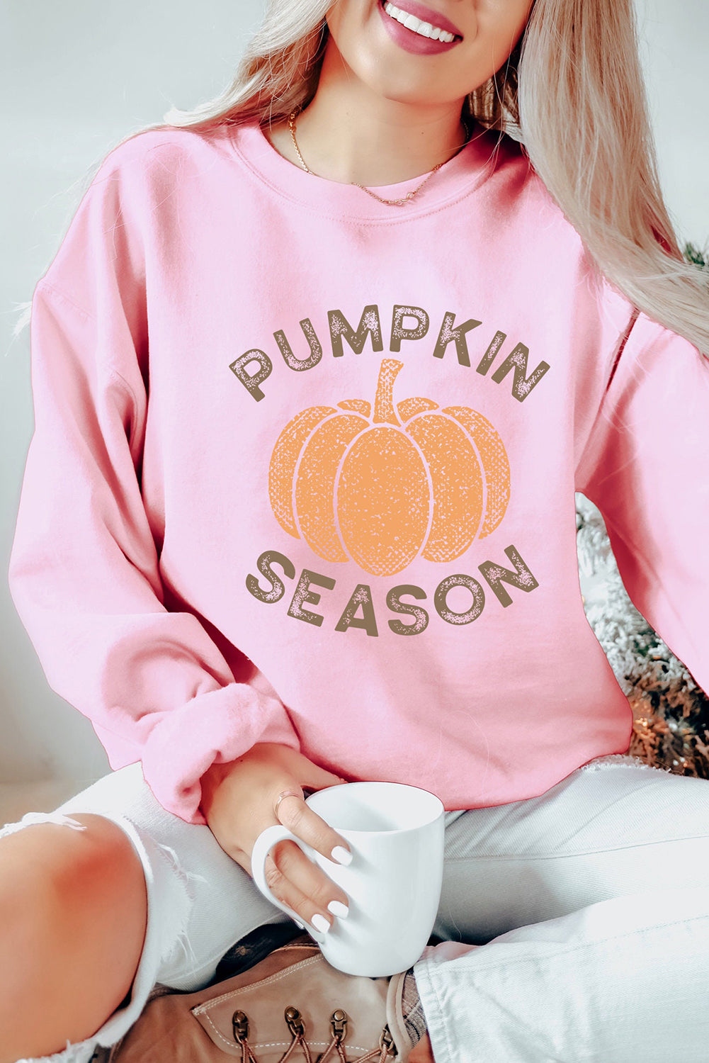 Pink PUMPKIN SEASON Crew Neck Drop Shoulder Sweatshirt Pink 50%Polyester+50%Cotton Graphic Sweatshirts JT's Designer Fashion