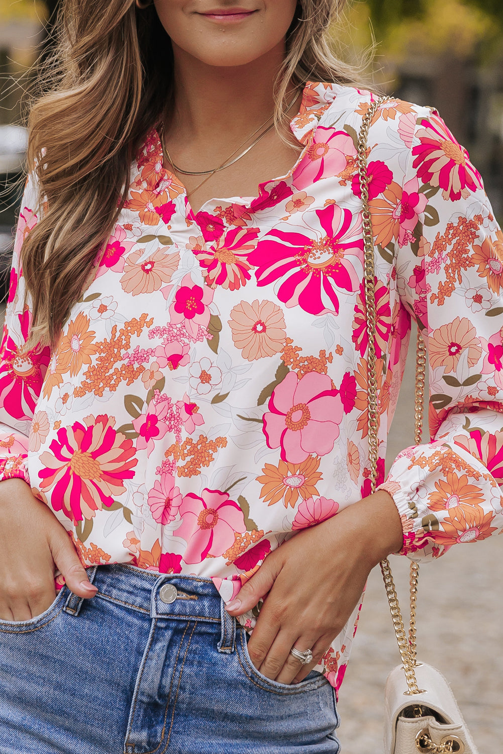 Bright White Floral Print Split V Neck Blouse Blouses & Shirts JT's Designer Fashion