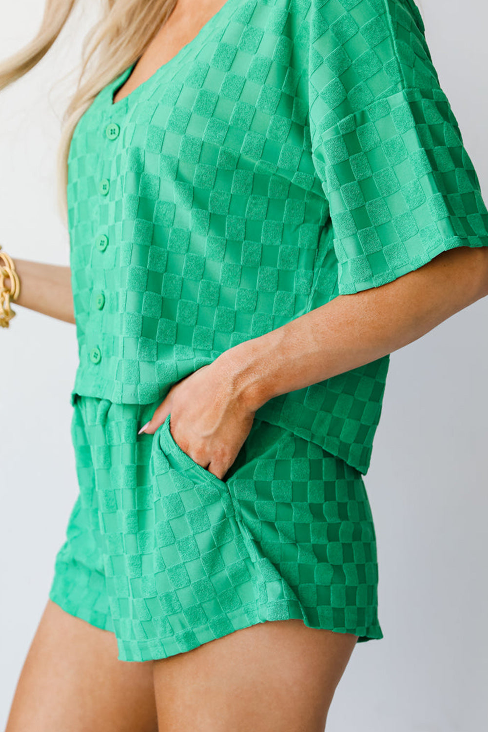 Bright Green Checkered Print Buttoned V Neck Top and Shorts Set Bottoms JT's Designer Fashion